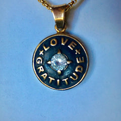 Love + Gratitude pendant Oxidized Bronze, White Topaz