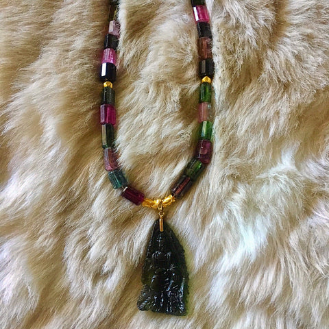 Moldavite carved Quan Yin and fancy Tourmaline necklace